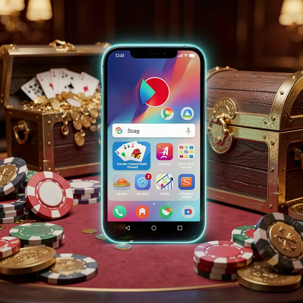 X71 Casino APK download scene featuring a glowing smartphone displaying an Android-style mobile app layout with a treasure chest, chips, and coins nearby in a luxury 3D render X71 Casino APK download scene featuring a glowing smartphone displaying an Android-style mobile app layout with a treasure chest, chips, and coins nearby in a luxury 3D render