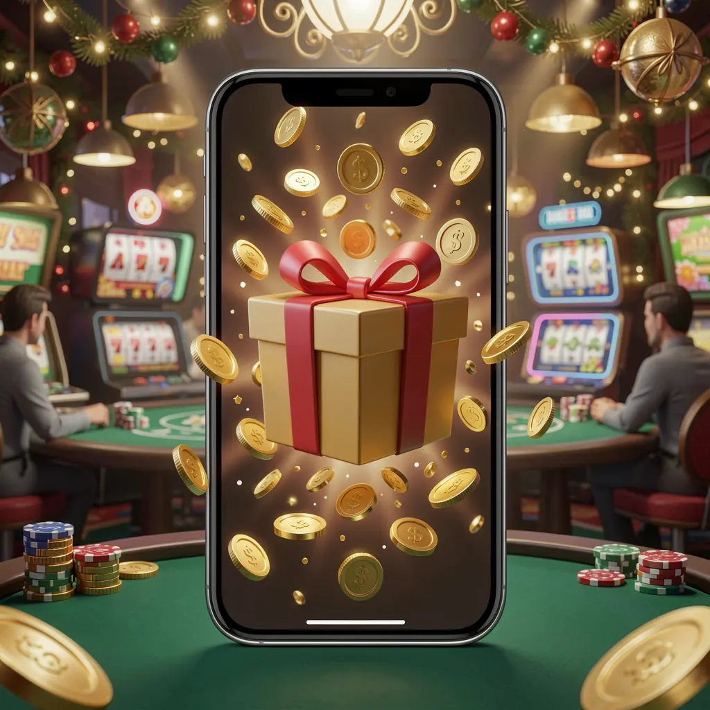 X71 mobile casino bonus app concept showing a phone screen with a gift box and coins bursting out in a festive casino atmosphere with premium 3D illustration X71 mobile casino bonus app concept showing a phone screen with a gift box and coins bursting out in a festive casino atmosphere with premium 3D illustration