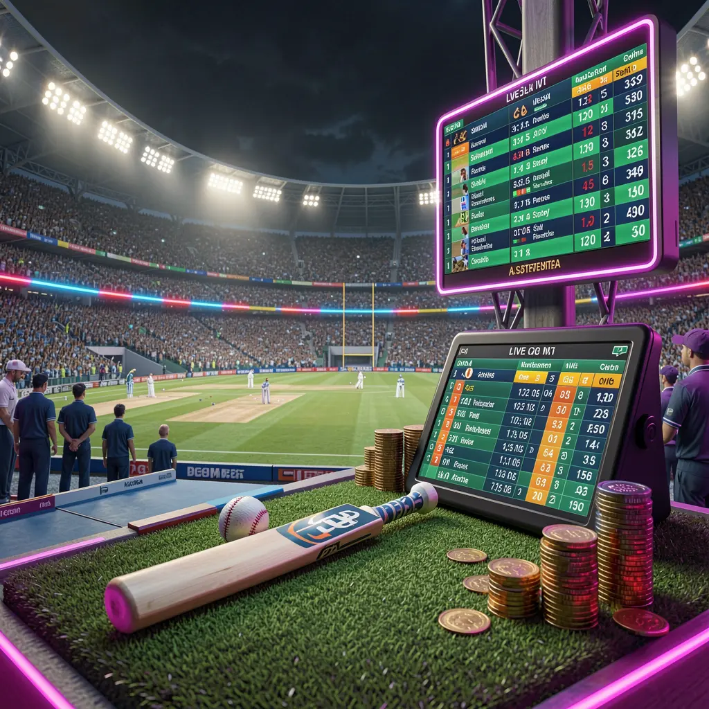 X71 cricket sportsbook scene showing a packed cricket stadium with a green field, bat and ball, digital live odds panels, glowing coins, and neon lighting in a cinematic 3D render