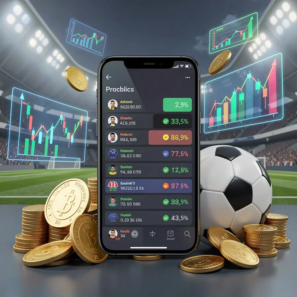X71 football prediction betting scene showing a smartphone with match statistics interface, a soccer ball, coins, and glowing data charts floating around in a modern stadium background