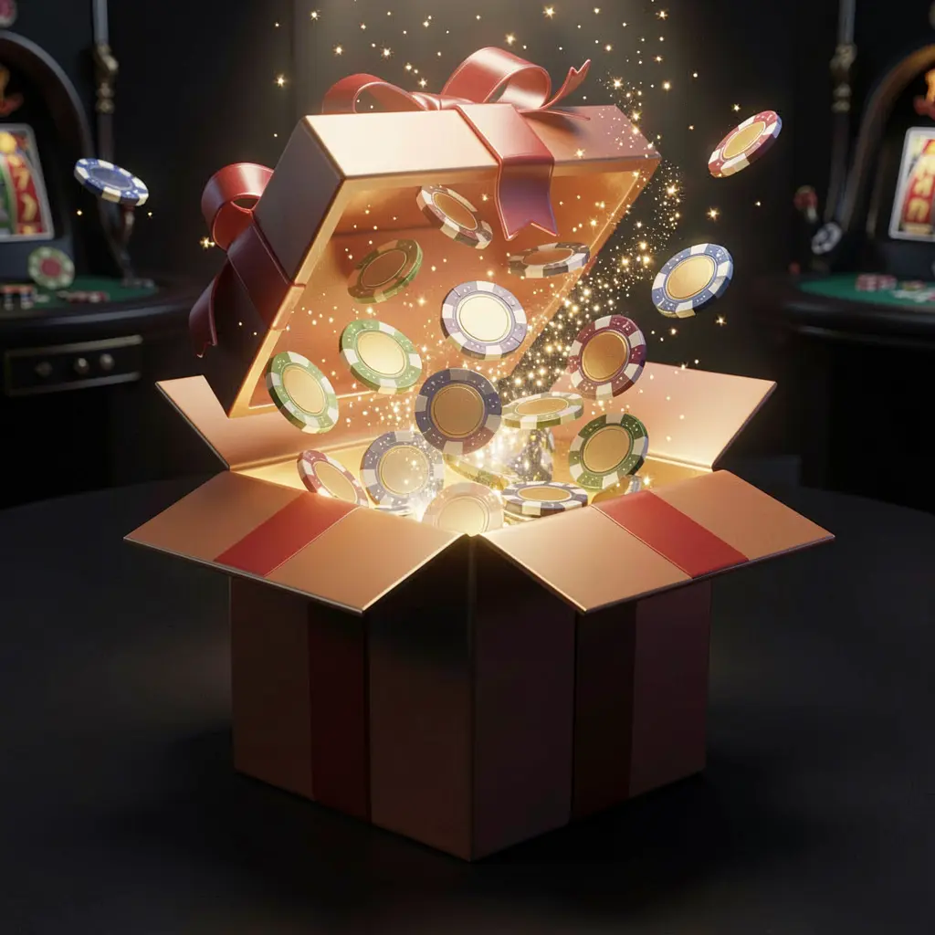 X71 no deposit bonus visual featuring free casino chips emerging from a glowing gift box with magical sparkles on a dark premium background in a realistic 3D render