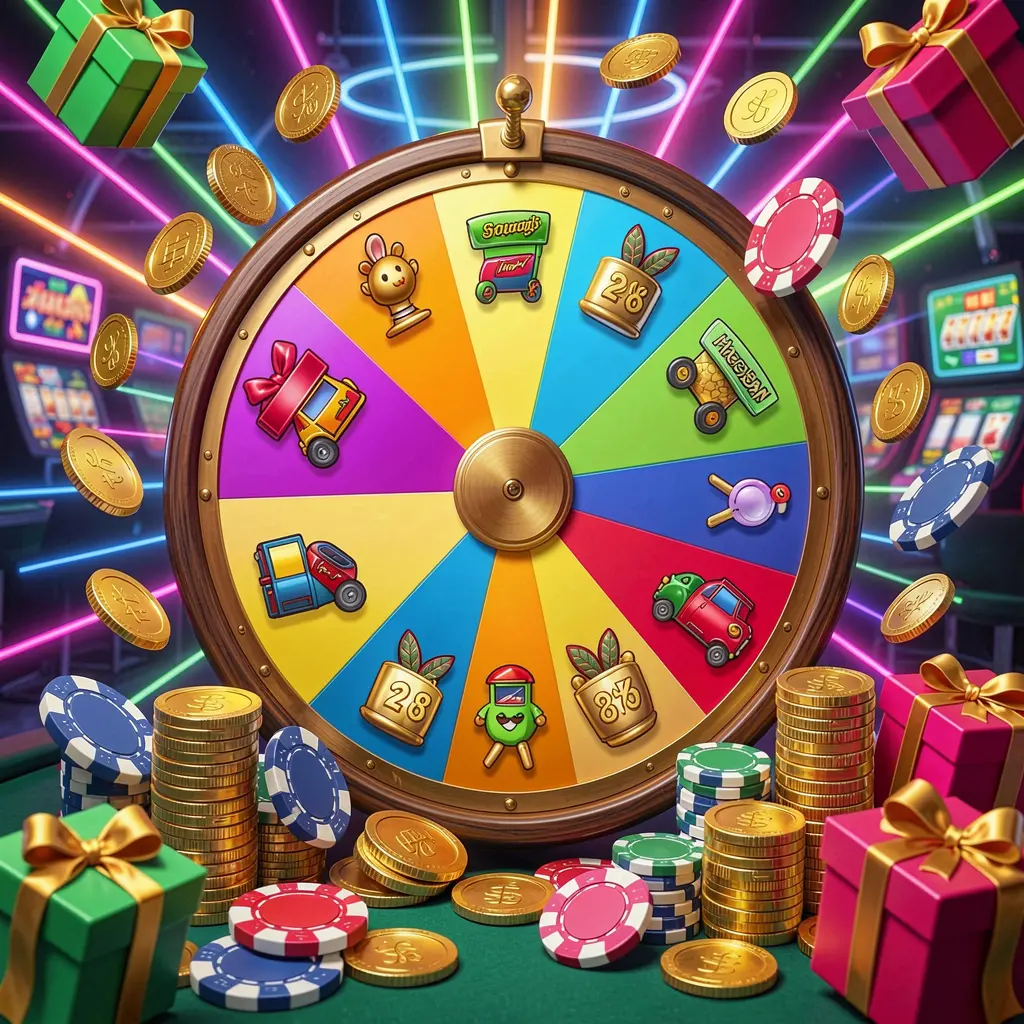 X71 casino bonus wheel with colorful prize sections surrounded by golden coins, chips, and gift boxes under bright neon casino lights in a dynamic composition