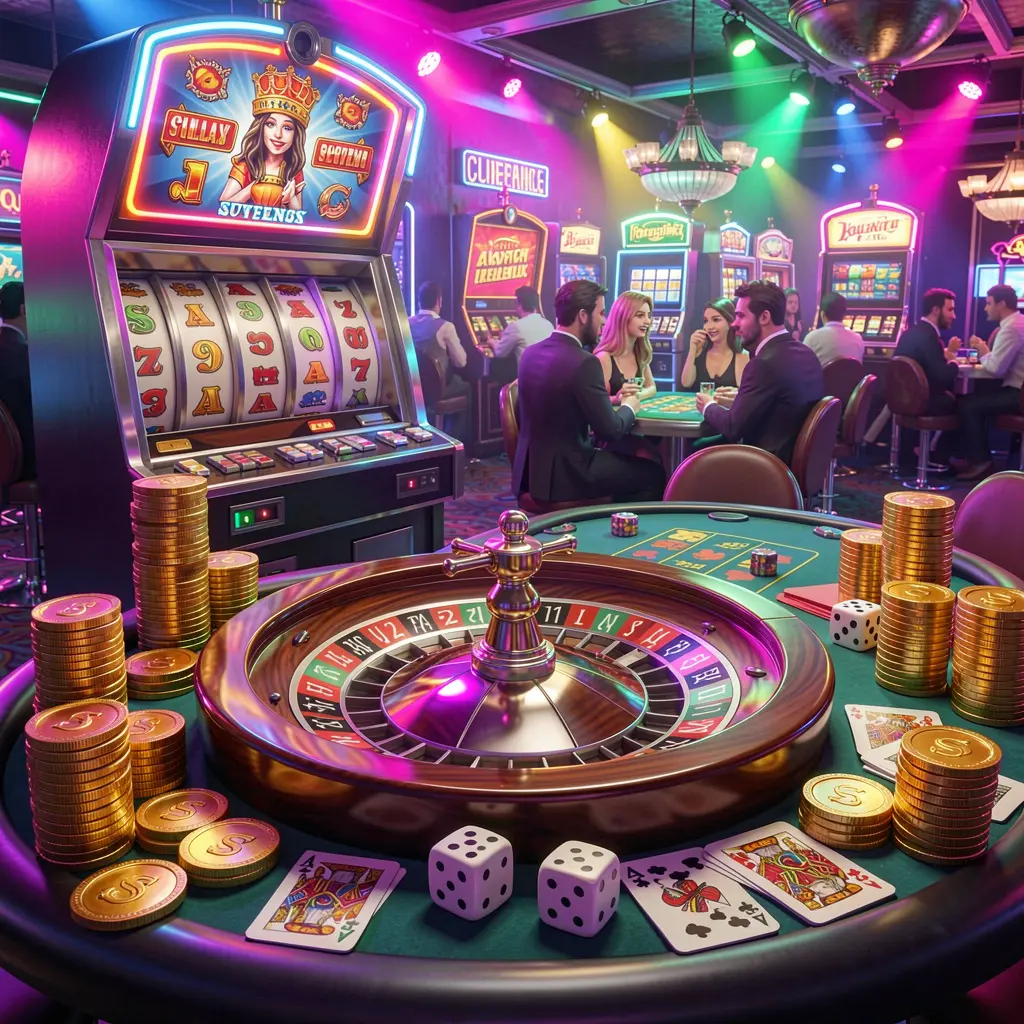 X71 casino entertainment scene featuring a slot machine, roulette wheel, dice, cards, and golden coins illuminated by colorful neon lights in a vibrant and exciting premium atmosphere