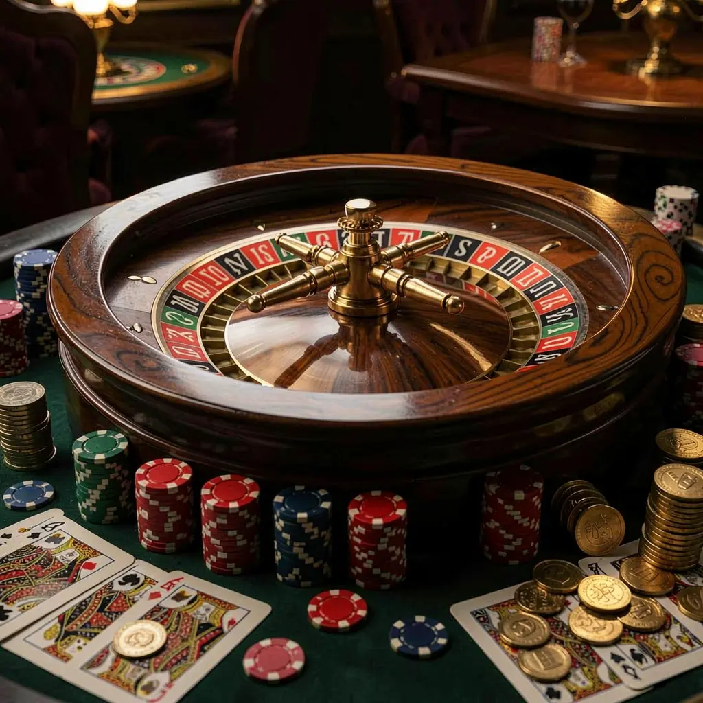 X71 classic casino scene featuring a spinning roulette wheel, scattered chips, playing cards, and coins on an elegant dark table with cinematic lighting