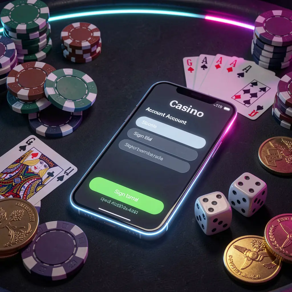 X71 casino account sign in scene with a glowing smartphone on a casino table surrounded by cards, chips, dice, and gold coins, set against an elegant dark background with neon highlights in a realistic 3D render X71 casino account sign in scene with a glowing smartphone on a casino table surrounded by cards, chips, dice, and gold coins, set against an elegant dark background with neon highlights in a realistic 3D render