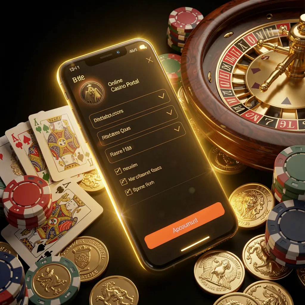 X71 online casino account portal on a glowing smartphone screen with premium cards, chips, roulette wheel, and coins against a black and gold background with cinematic lighting X71 online casino account portal on a glowing smartphone screen with premium cards, chips, roulette wheel, and coins against a black and gold background with cinematic lighting