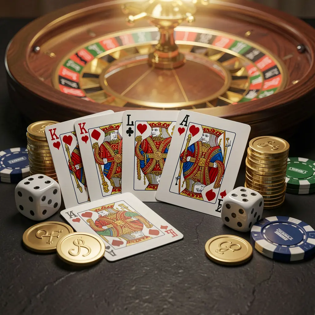 Elegant X71 online casino homepage featuring a royal flush of cards, dice, golden coins, and poker chips on a dark table with a glowing roulette wheel in the background in a cinematic 3D render Elegant X71 online casino homepage featuring a royal flush of cards, dice, golden coins, and poker chips on a dark table with a glowing roulette wheel in the background in a cinematic 3D render